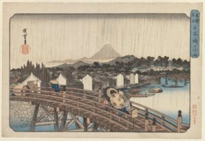 歌川広重《東都名所 日本橋之白雨》1832年