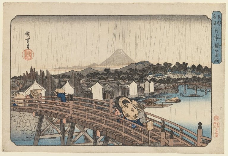 歌川広重《東都名所 日本橋之白雨》1832年