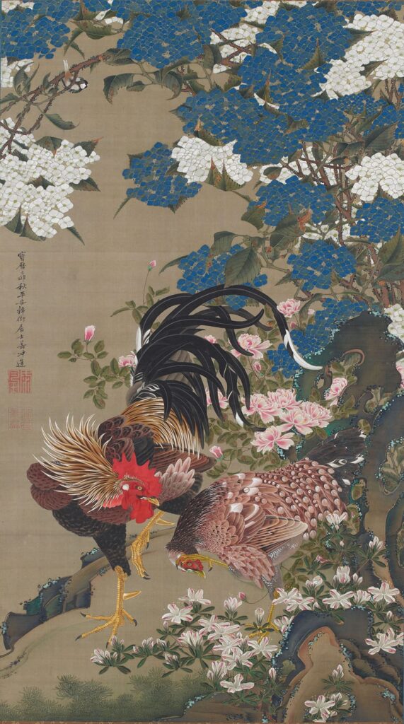 伊藤若冲《紫陽花双鶏図》1759年（宝暦9年）秋
